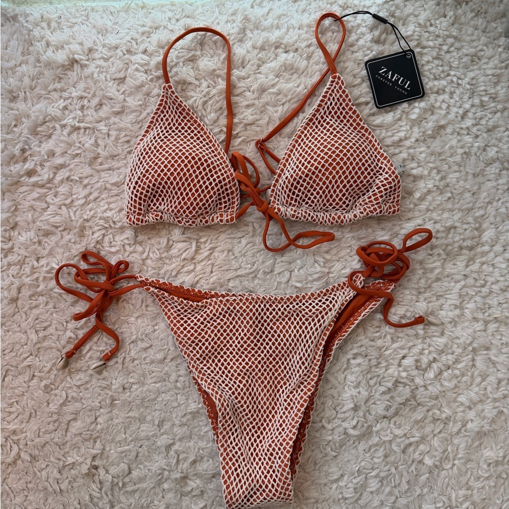 Zaful Orange and White Mesh Tie-Side Bikini